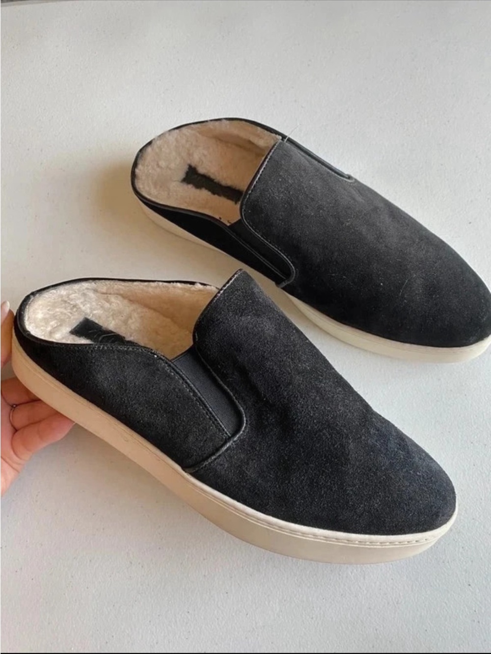 Vince Black Suede Shearling-Lined Slip-On Mules